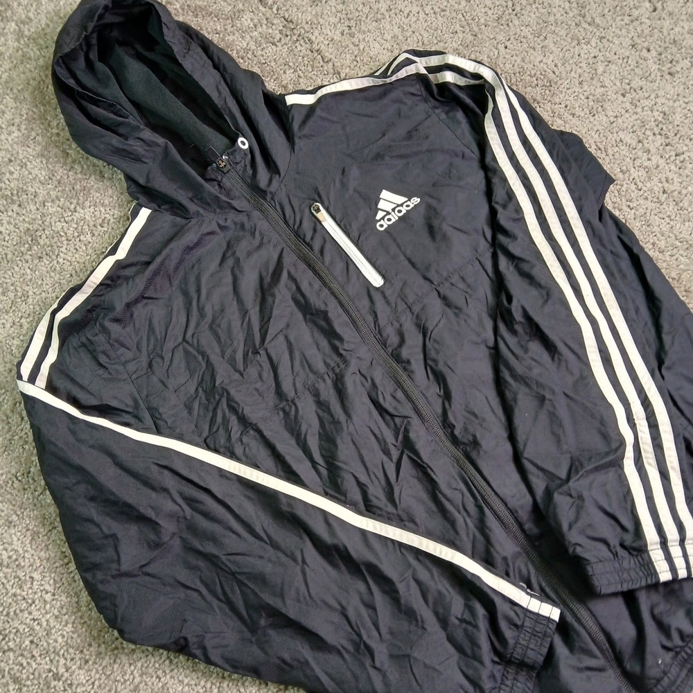 Adidas Mens Windbreaker Jacket Black White Stripe Hooded Full Zip Mesh Lined M